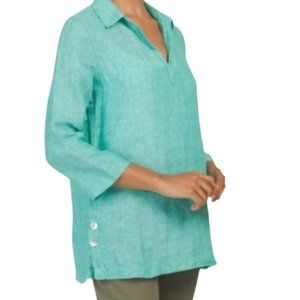 TAHARI Teal 3/4 Sleeve 100% Linen Tunic - Small